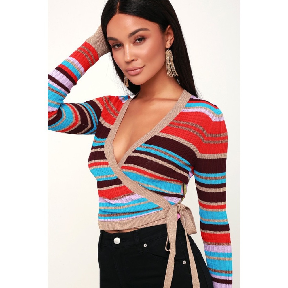 Red Multi Striped Wrap Long Sleeve Sweater Top - Picture 4 of 4